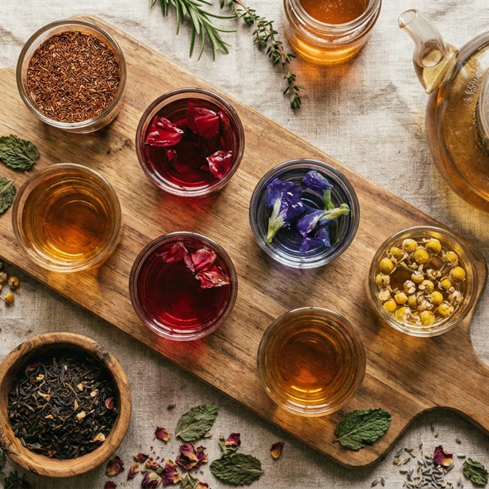 Assortment of colorful teas, loose leaf ingredients, and a teapot on a wooden board.