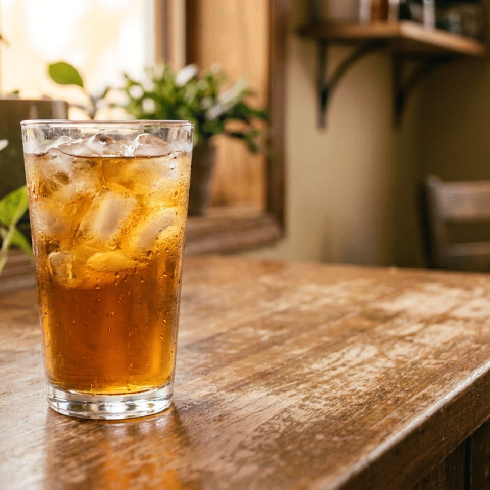 Glass of iced tea on a rustic wooden table with potted plants and a window in the background.