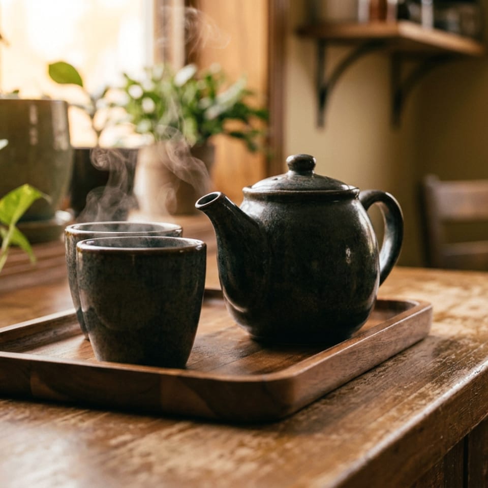 Steaming teapot and two cups on a wooden tray, with plants and a window in the background.