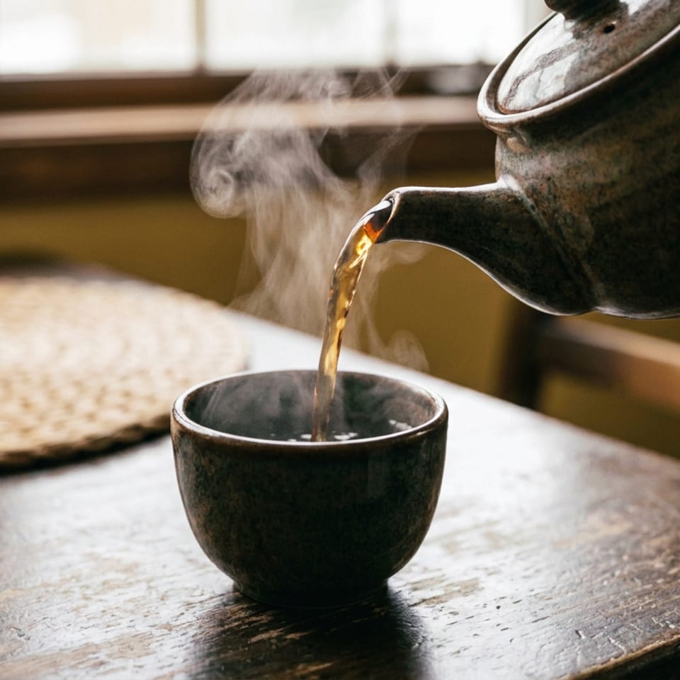 Teapot pouring steaming tea into a dark cup on a rustic wooden table.