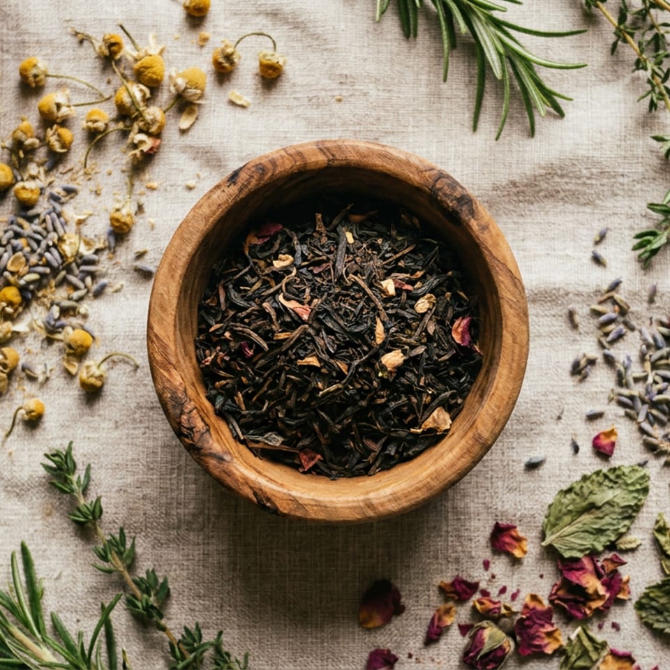 Loose leaf tea in a wooden bowl surrounded by various dried herbs, flowers, and a glass of tea.