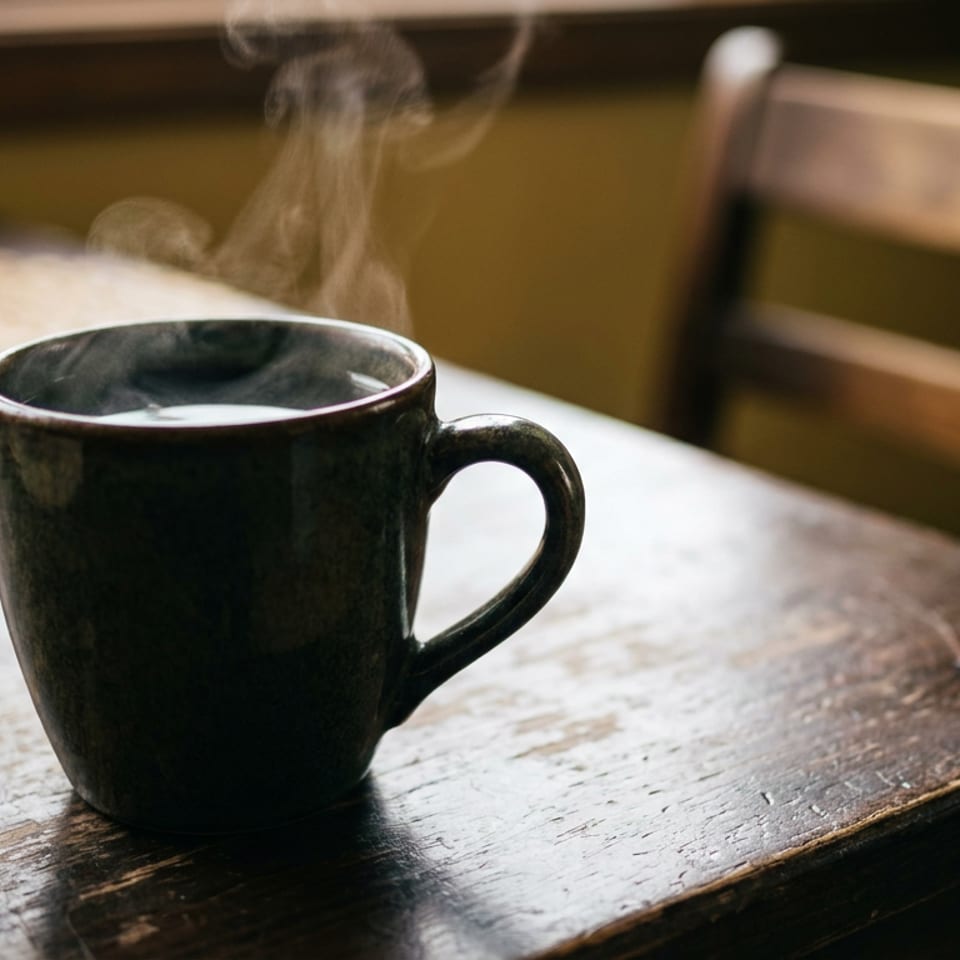 Steaming dark mug on a rustic wooden table with a chair in the background.
